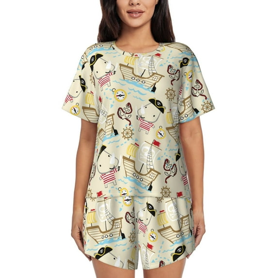 Pofeuu pirate with sailing Print Women's Pajama Set Short/Shorts Soft Button PJs Elastic Drawstring Waist Sleepwear-XX-Large