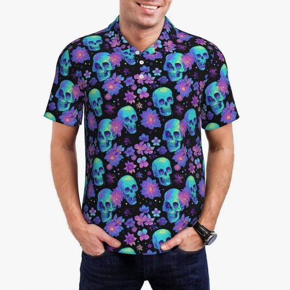 Pofeuu purple flower blue Skull Print Men's Loose Fit Midweight Short-Sleeve Pocket Polo-Small