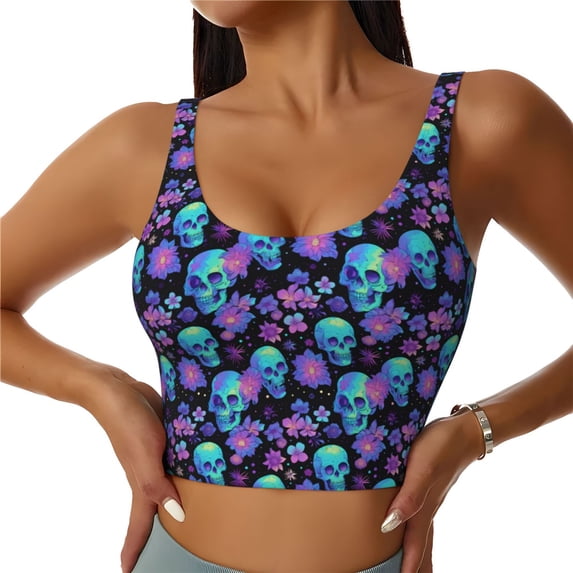 Pofeuu purple flower blue Skull Print Sports Bra for Women Sexy Vest Yoga Running Gym Fitness Crop Bras Tops-X-Large