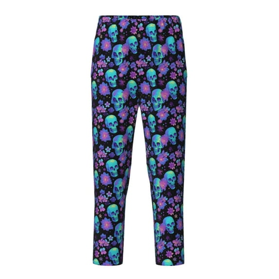 Pofeuu purple flower blue Skull Print Teenagers' Pajama Pants, Soft Lounge Pajama Pants with big pockets for Men Plaid Pj Bottoms-XS(5-6)