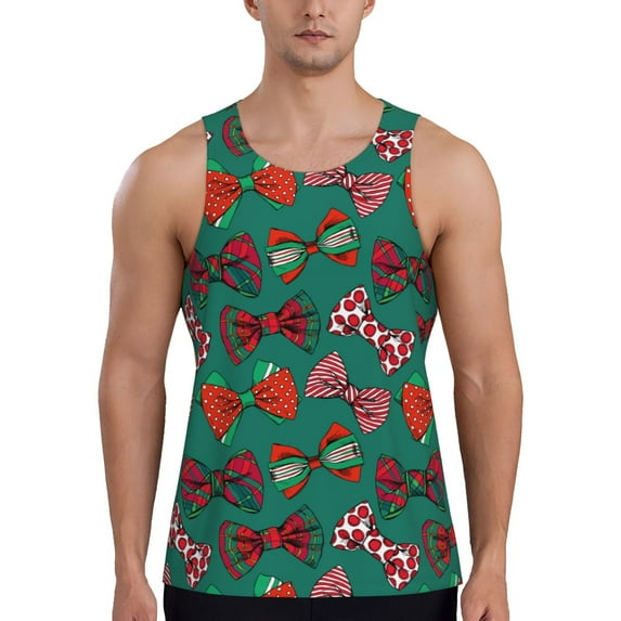 Pofeuu red and green bow tie Print Men's Workout Tank Tops Sleeveless Muscle Gym Shirt Quick Dry -X-Large