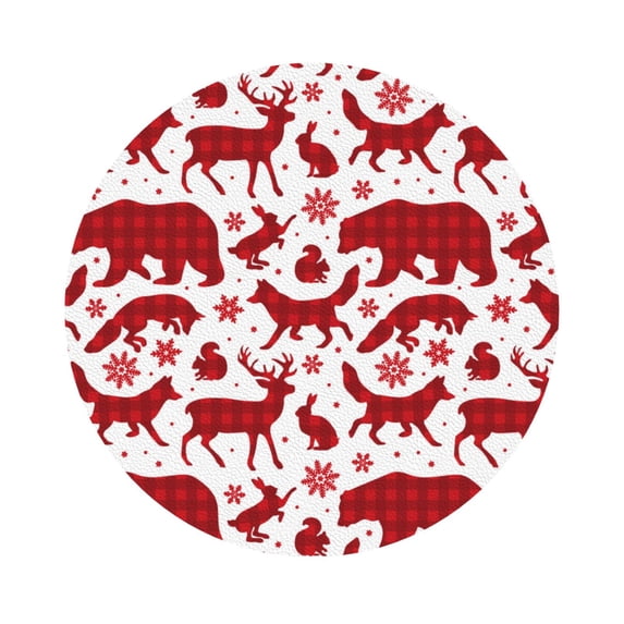 Pofeuu red plaid Moose Bunny bear Print Leather Coasters Set of 6, Round Cups Mugs Mat Pad for Home Kitchen Heat Resistant Drink Coasters,Round Shape