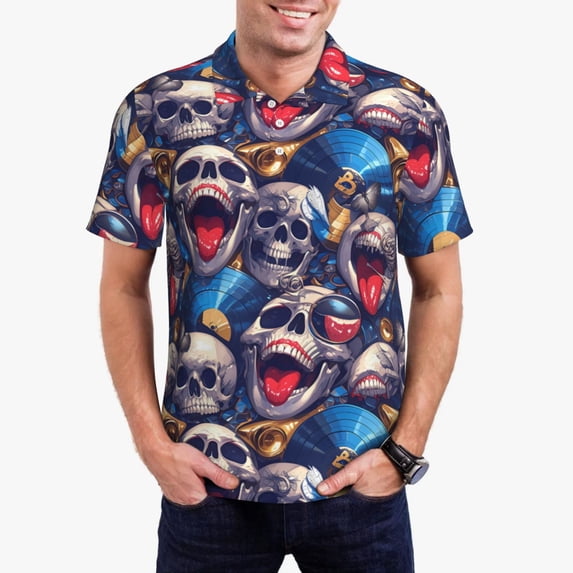 Pofeuu rock Skull blue record Print Men's Loose Fit Midweight Short-Sleeve Pocket Polo-X-Large