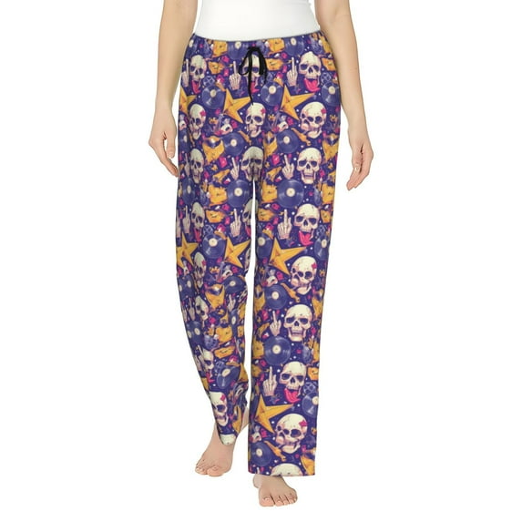 Pofeuu rock Skull record Print Women's Fashion Pajama Pants with Pockets Comfy Drawstring Sleep Lounge Bottoms-Large