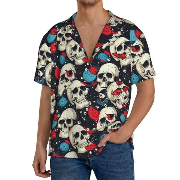 Pofeuu rock record Skull artist Print Mens Casual Short Sleeve Shirts Beach Summer Spread Collar Pocket Tops Men's Casual Short-sleeved Shirt-Medium