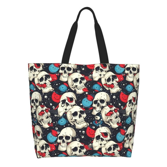 Pofeuu rock record Skull artist Print Reusable Grocery Bags - Washable, Foldable, Packable Tote, Large Handles, Heavy Duty, Zippered Top Pouch