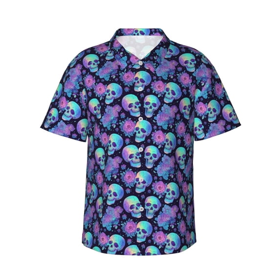 Pofeuu starry sky Skull flower Print Hawaiian Shirt for Men Sleeves Casual Button Down Summer Beach Dress Shirts T-Shirts,Small