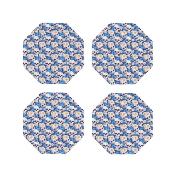 Pofeuu white Skull blue daisy Print Coasters for Drinks, 4Pack PU Leather Coasters, Bar Drink Coasters for Tabletop Protection, Furniture from Damage-Octagon