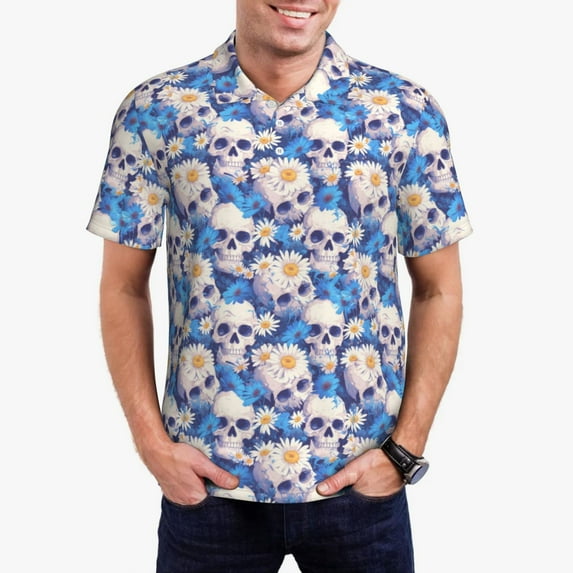 Pofeuu white Skull blue daisy Print Men's Loose Fit Midweight Short-Sleeve Pocket Polo-Large