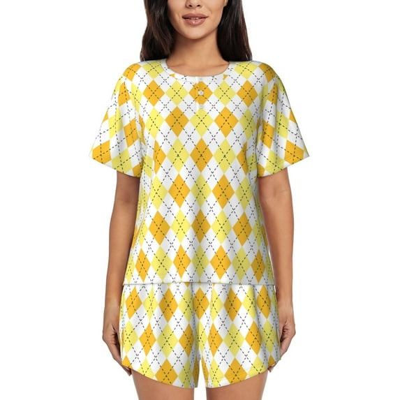 Pofeuu yellow argyle Print Women's Pajama Set Short/Shorts Soft Button PJs Elastic Drawstring Waist Sleepwear-X-Large