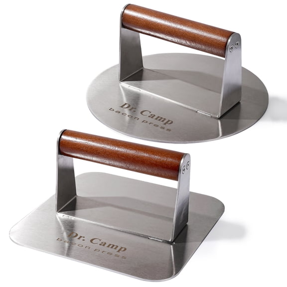 Pogany 2-Piece Stainless Steel Bacon & Burger Press Set, 7-Inch Round and Square Grill Presses with Wood Handles for Griddle, Flat Top Grill & BBQ