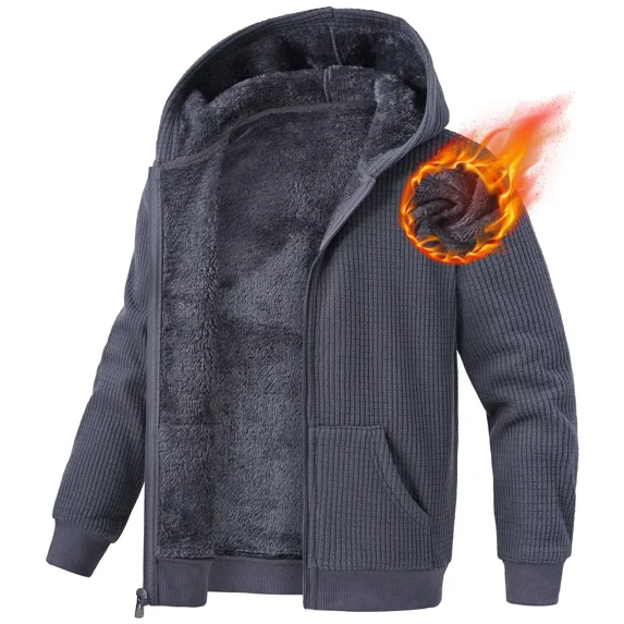 Pogiun Boys Fleece Jacket Sherpa Lined Zip Up Hoodies for Kids Winter Coat Gray 7-8Y