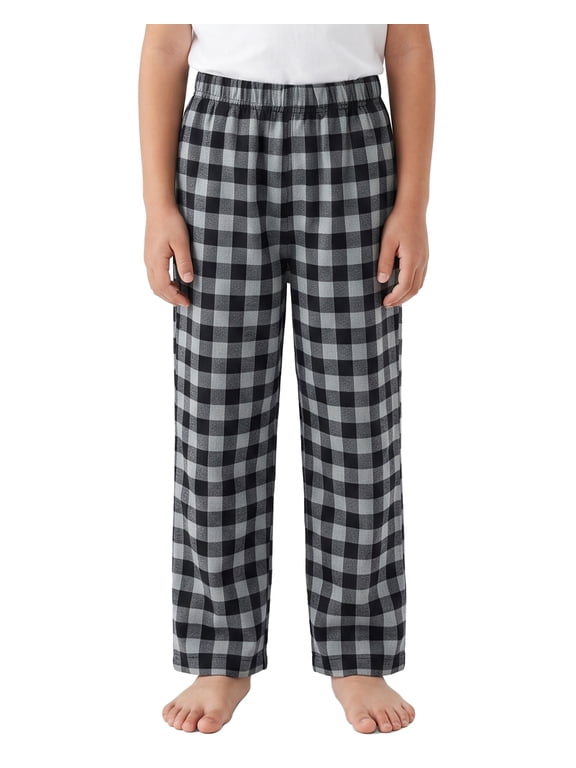 Boys Pajama Pants Soft Micro Fleece PJ Bottoms for Kids Printed Plaid Design Boy's Sleepwear,Black/Gray,10-12year