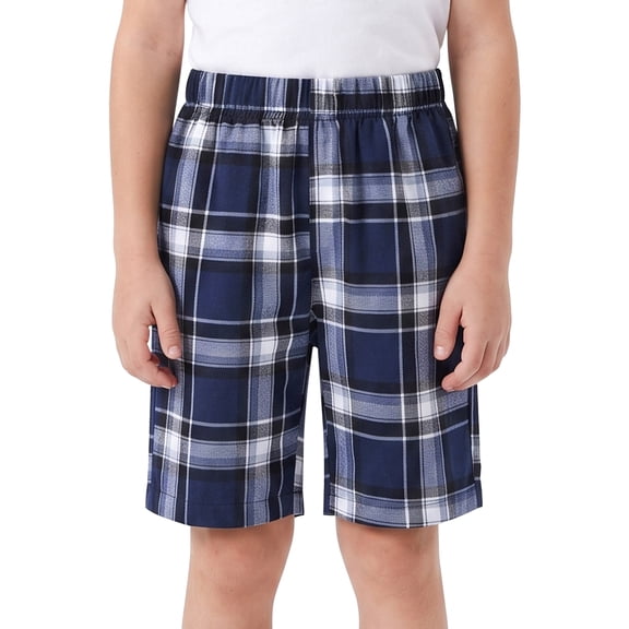 Pogiun Boys Pajama Shorts Soft Micro Fleece PJ Bottoms for Kids Printed Plaid Design Boy's Sleepwear Navy/White 10-12y