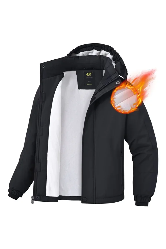 Winter Jacket for Boys and Girls Waterproof Ski Jacket Winter Snow Coat Hooded Fleece Windproof with Zip Pockets Black 10-12Y