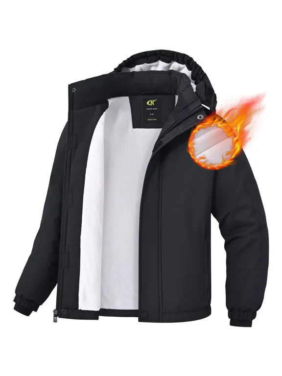 Winter Jacket for Boys and Girls Waterproof Ski Jacket Winter Snow Coat Hooded Fleece Windproof with Zip Pockets Black 8-9Y