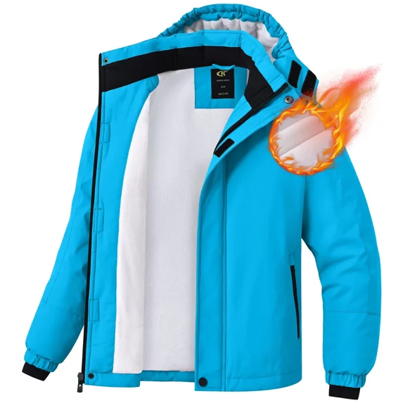 Pogiun Winter Jacket for Boys and Girls Waterproof Ski Jacket Winter Snow Coat Hooded Fleece Windproof with Zip Pockets Blue 10-12Y