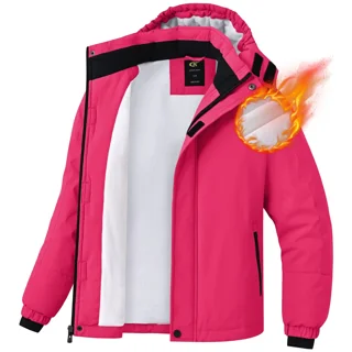 Pogiun Winter Jacket for Boys and Girls Waterproof Ski Jacket Winter Snow Coat Hooded Fleece Windproof with Zip Pockets Rose 10-12Y