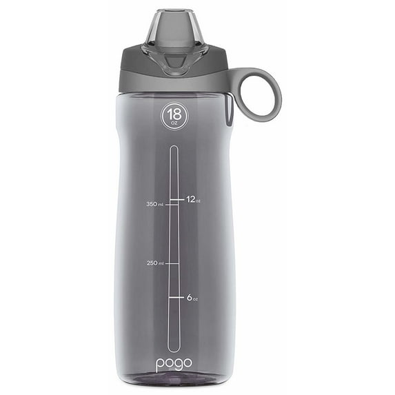 Pogo BPA-Free Plastic Water Bottle with Soft Straw, Grey, 18 oz.