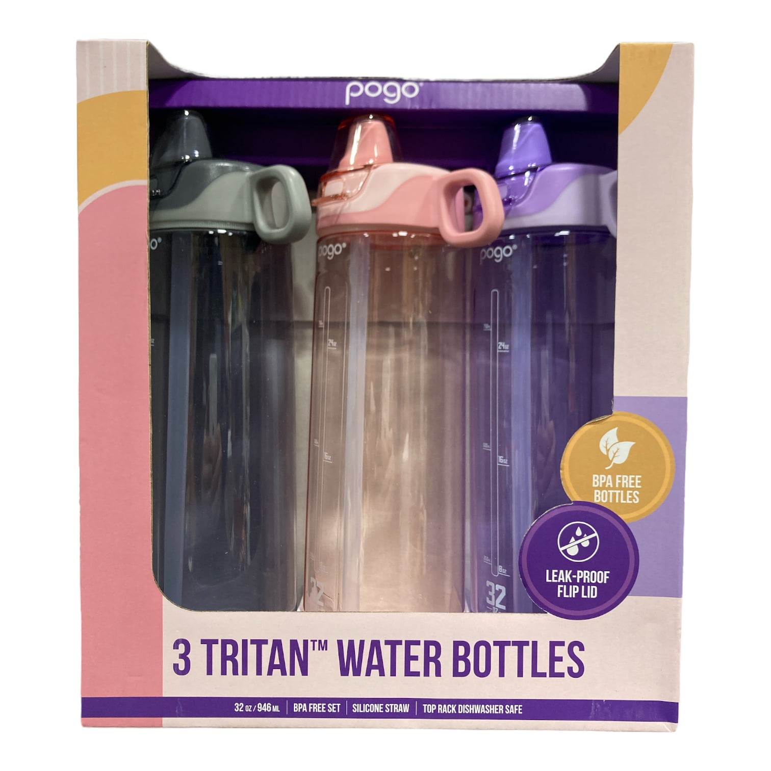 Pogo BPA-Free Tritan Water Bottles with Soft Silicone Straw, 32oz, 3pk (Lilac, Pink Satin, Gray)