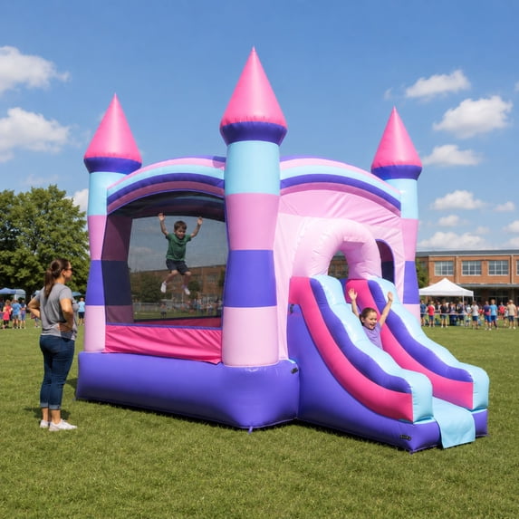 Pogo Crossover Inflatable Bounce House with Water Slide and Blower, Deluxe Pink