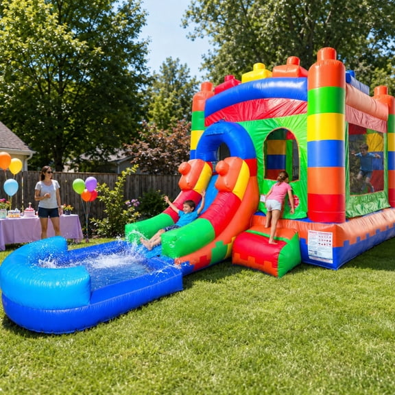 Pogo Bounce House Water Slide and Splash Pool with Blower, Building Block Kids Inflatable Jumper