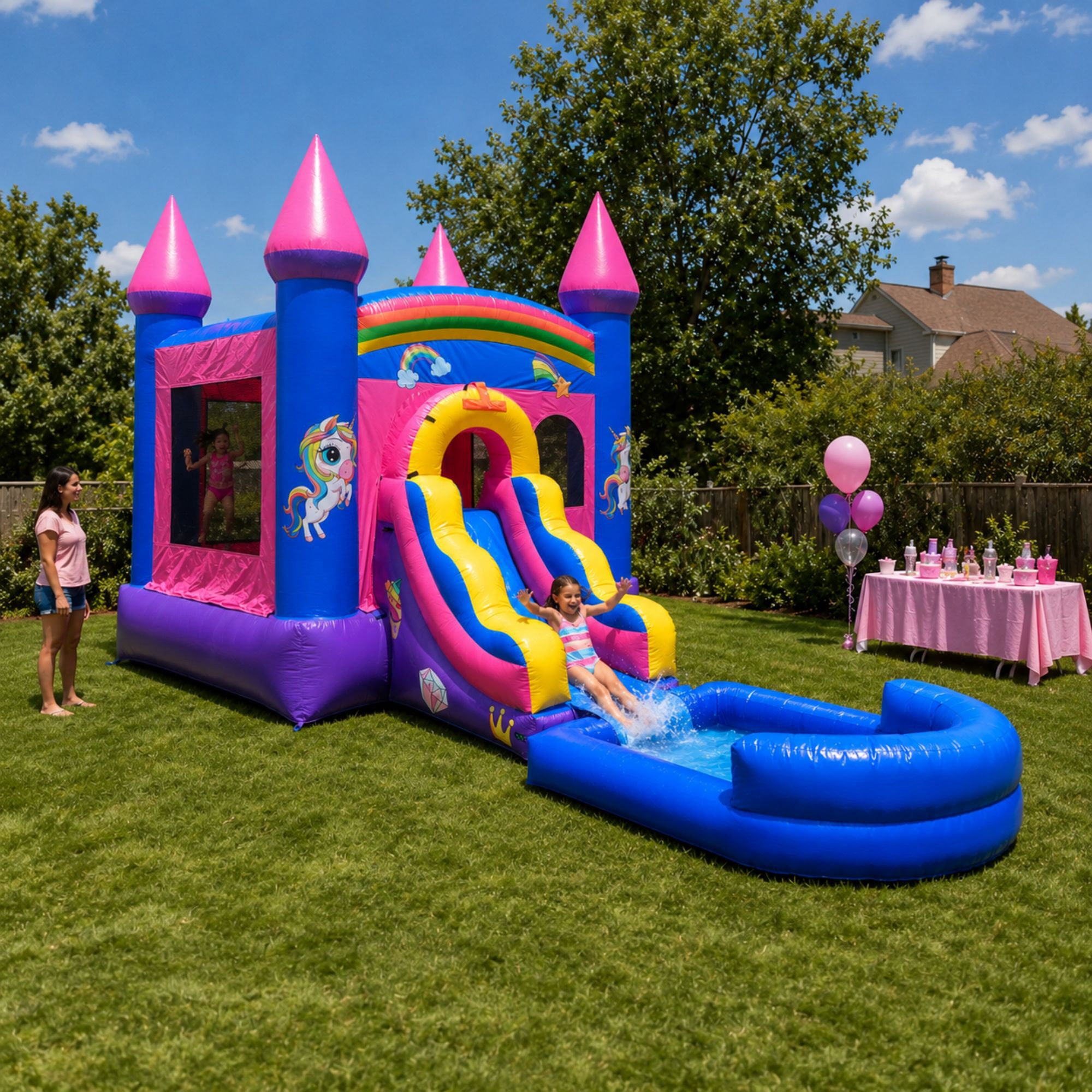 Pogo Bounce House Water Slide and Splash Pool with Blower, Pink Unicorn ...
