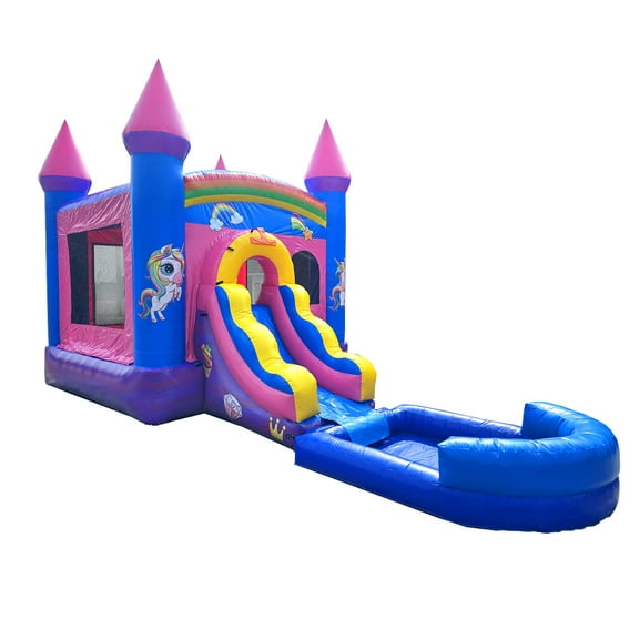 Pogo Bounce House Water Slide and Splash Pool with Blower, Pink Unicorn Kids Inflatable Jumper