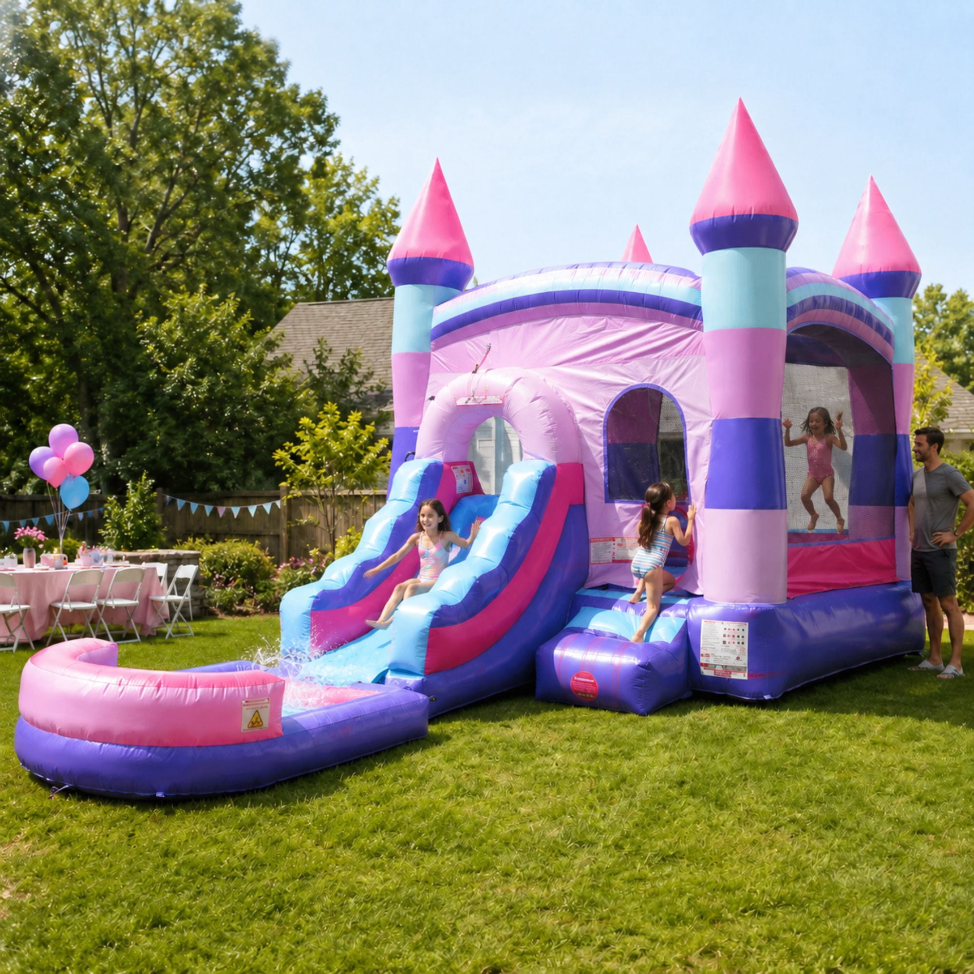 Pogo Bounce House Water Slide and Splash Pool with Blower, Deluxe Pink ...