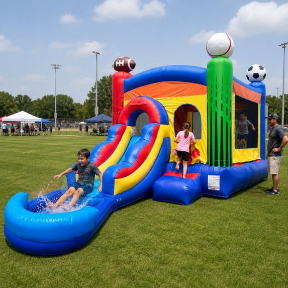Pogo Bounce House Water Slide and Splash Pool with Blower, Deluxe Sports Kids Inflatable Jumper
