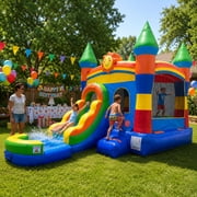 Pogo Bounce House Water Slide and Splash Pool with Blower, Rainbow Smiley Kids Inflatable Jumper