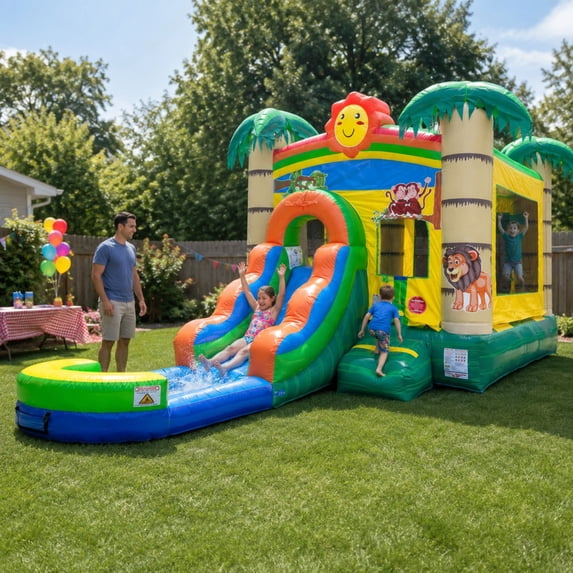 Pogo Bounce House Water Slide and Splash Pool with Blower, Tropical Jungle Kids Inflatable Jumper