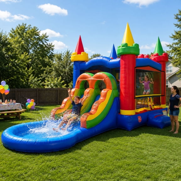 Pogo Bounce House Crossover Bounce House with Water Slide, Modular Rainbow Dual Slide with Splash Pool