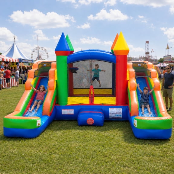 Pogo Bounce House with Water Slide, Inflatable Bouncy Castle Double Waterslide Jumper with Blower, 16 Ft