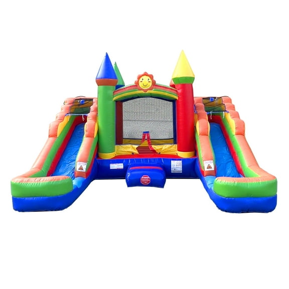 Pogo Bounce House Crossover Double Water Slide Bounce House Combo, Rainbow
