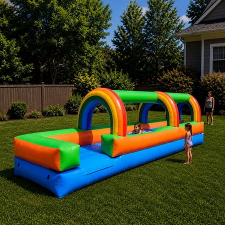 Pogo Crossover Inflatable Rainbow Splash and Ride Water Slide with Blower, Rainbow