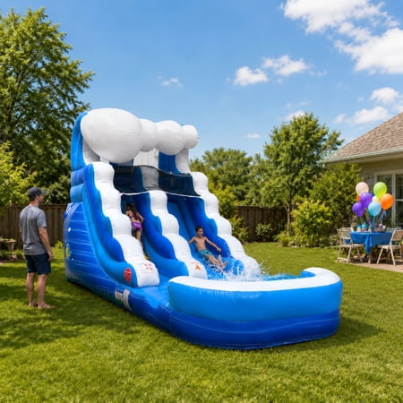 Pogo Bounce House Crossover Kids Inflatable Water Slide, Blue Wave With Blower, 12 ft
