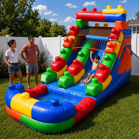 Pogo Crossover Inflatable Water Slide, No Blower, Building Block 12 Foot Kids Waterslide
