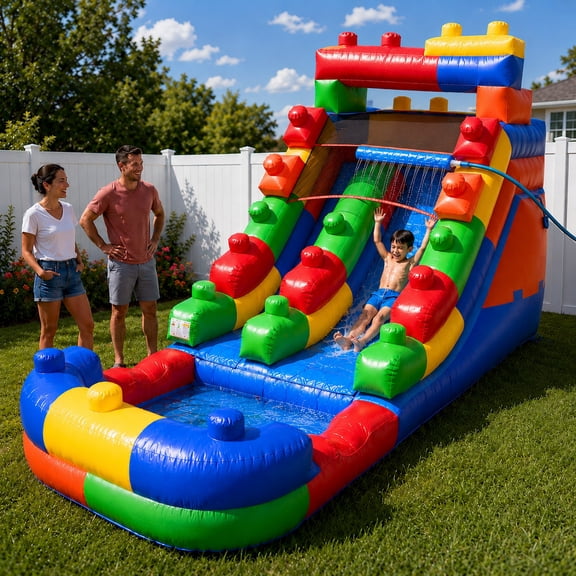 Pogo Bounce House Crossover Kids Inflatable Water Slide, Building Block With Blower, 12 ft