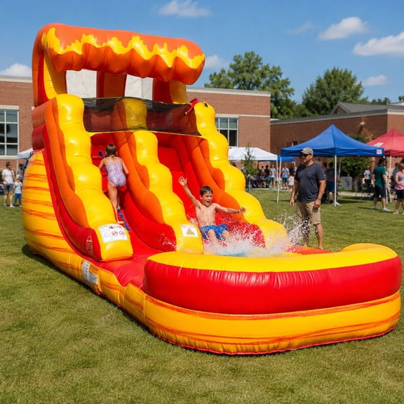 Pogo Bounce House Crossover Kids Inflatable Water Slide, Fire Marble With Blower, 12 ft