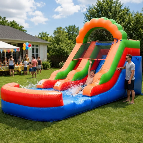Pogo Crossover Inflatable Water Slide, No Blower, Classic Rainbow 12 Foot Kids Waterslide