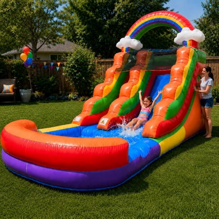 Pogo Crossover Inflatable Water Slide, No Blower, Rainbow Cloud 12 Foot Kids Waterslide