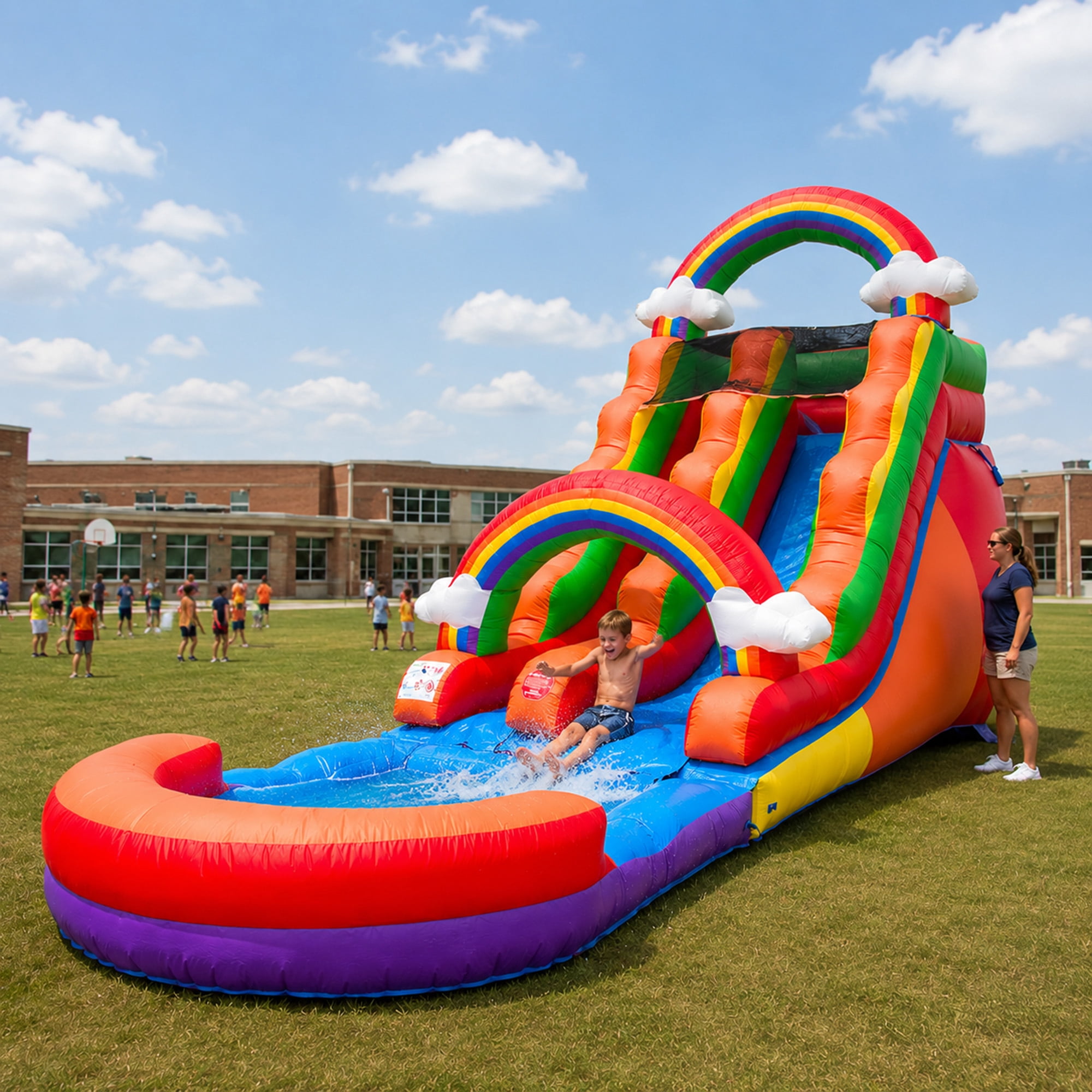 Pogo Crossover Inflatable Water Slide with Blower, Rainbow Cloud 15 Foot Kids Waterslide