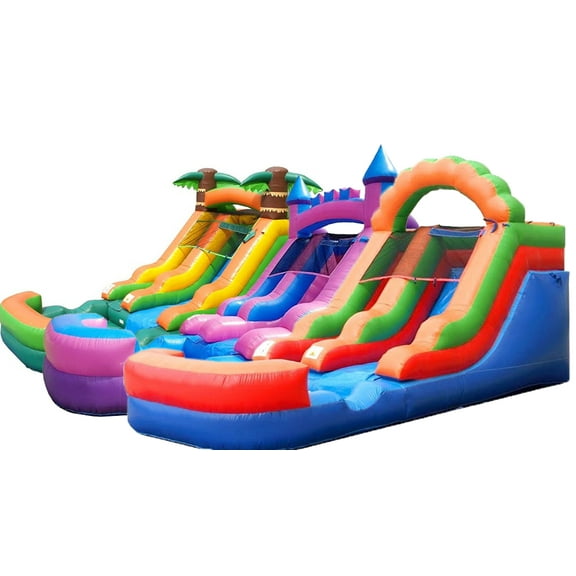 Pogo Bounce House Crossover Kids Inflatable Water Slide Trio, Rainbow, Pink and Tropical, 12 ft