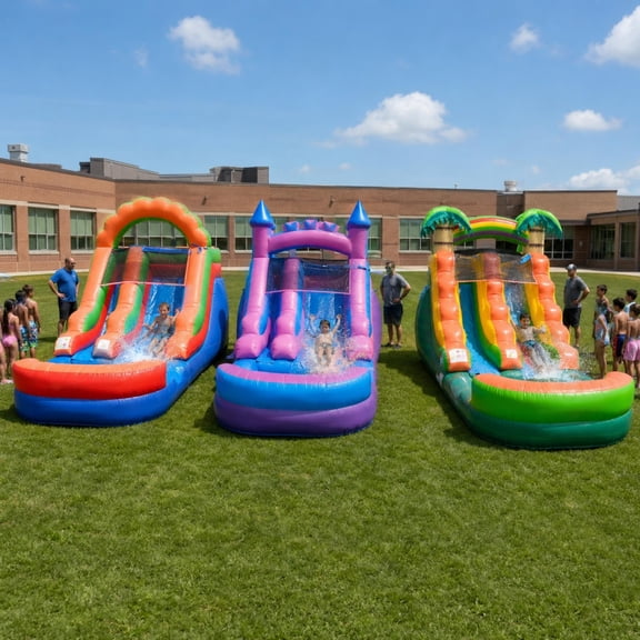 Pogo Bounce House Crossover Kids Inflatable Water Slide Trio, Rainbow, Pink and Tropical, 12 ft