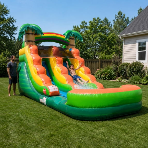 Pogo Bounce House Crossover Kids Inflatable Water Slide, Tropical With Blower, 12 ft