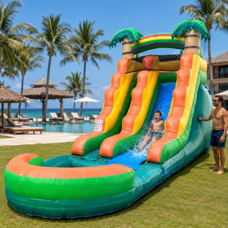Pogo Crossover Inflatable Water Slide with Blower, Tropical 15 Foot Kids Waterslide