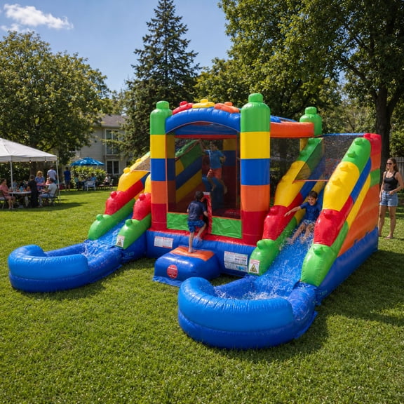 Pogo Bounce House Crossover Double Water Slide Bouncy Castle Combo Building Block Removable Pools 16.5 ft L x 15 ft W x 11 ft H