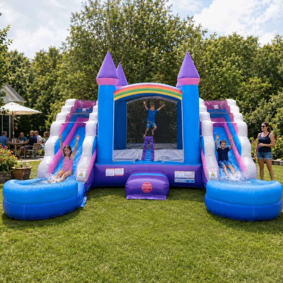 Pogo Bounce House Crossover Double Water Slide Bouncy Castle Combo Pink Removable Pools 16.5 ft L x 15 ft W x 11 ft H
