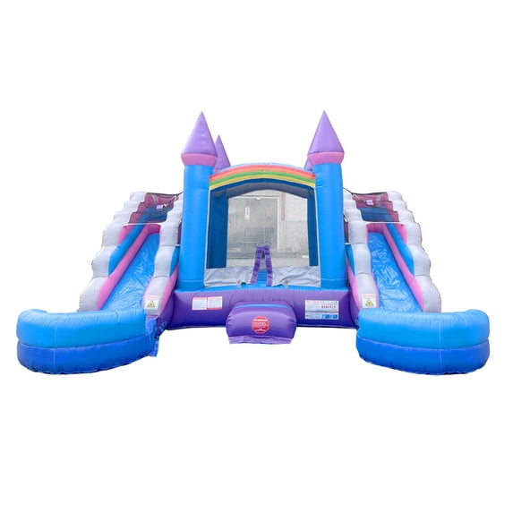Pogo Bounce House Crossover Double Water Slide Bouncy Castle Combo Pink Removable Pools 16.5 ft L x 15 ft W x 11 ft H